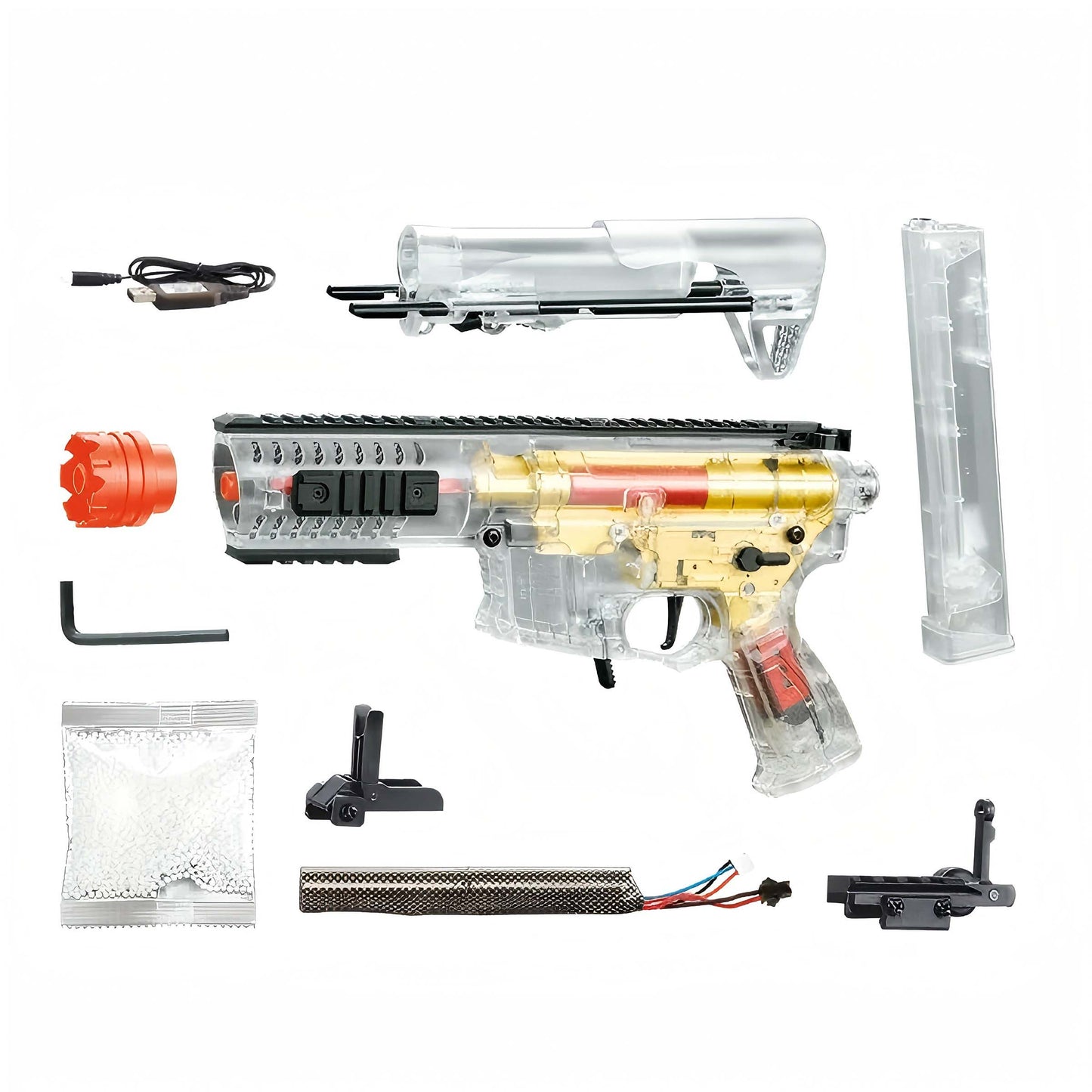 ARP9 Gel Blaster Transparent Body + Golden Gearbox various attachments on a white background