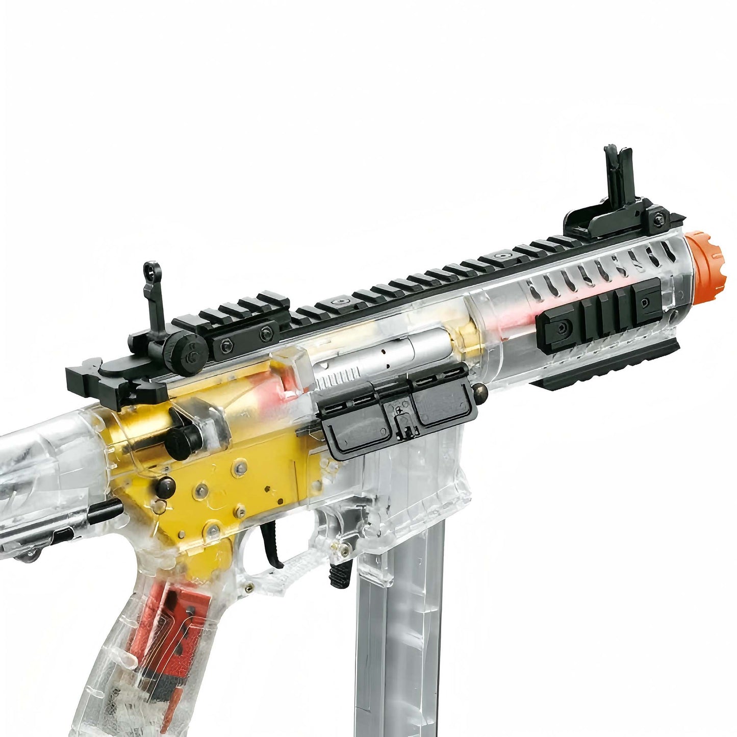 ARP9 Gel Blaster Transparent Body + Golden Gearbox and orange tips on a white background