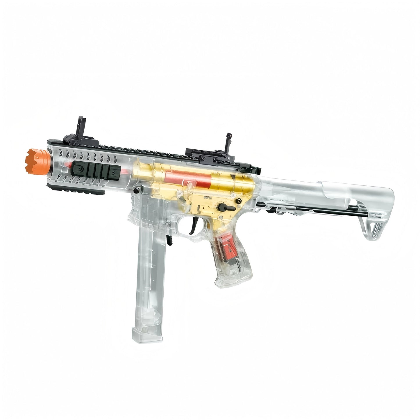 ARP9 Gel Blaster Transparent Body + Golden Gearbox on a white background