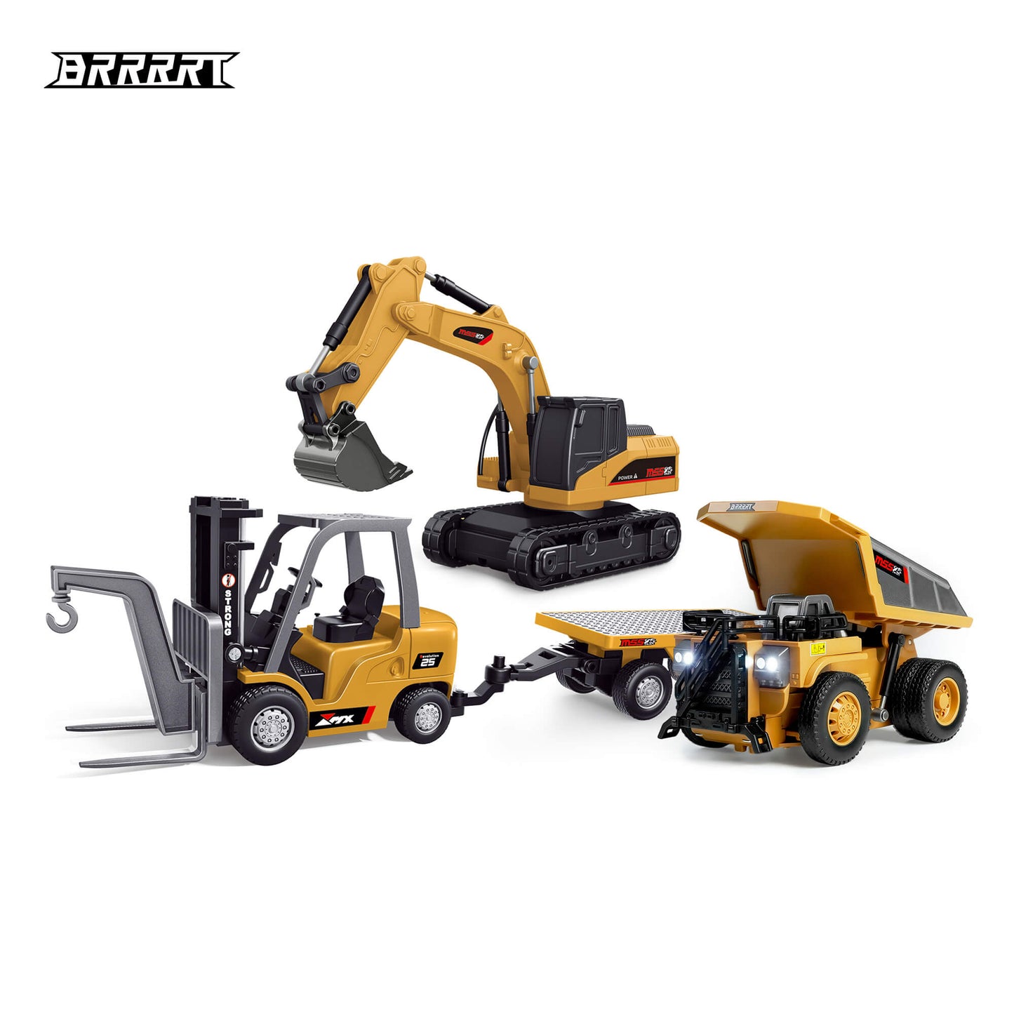 BRRRRT 1:64 RC Desktop Construction Vehicle Set featuring a Mini Excavator, Forklift, and Dump Truck