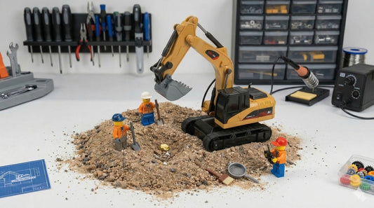 BRRRRT 1/64 mini RC excavator site with excavator digging gravel on a desk setup, realistic small-scale construction scene
