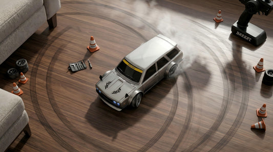 1:24 RC Drift Car Drifting on Wooden Floor with Smoke and Tire Marks Indoor – BRRRRT