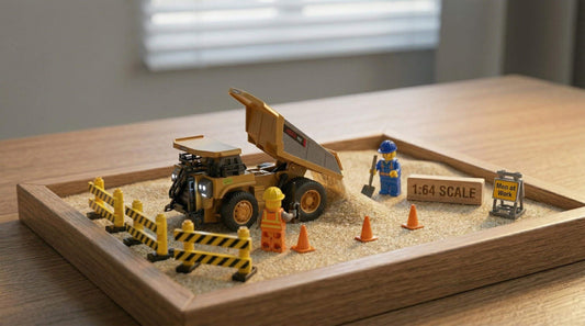BRRRRT 1:64 mini dump truck sits atop a desktop.