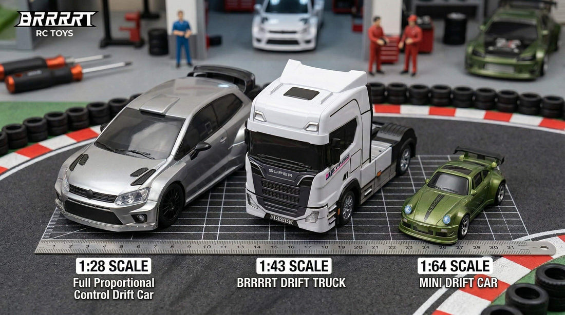 Mini RC cars in 1:64, 1:43, and 1:28 scales displayed on a miniature desk and track setup, showing all sizes for blog