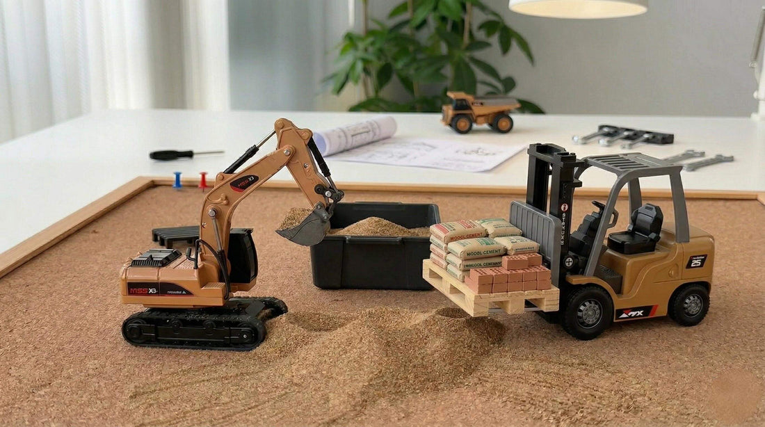 Mini RC forklift and excavator on a desktop setup with sand and construction props – BRRRRT