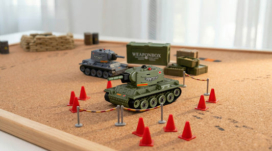 Mini RC tank desktop battle scene with obstacle setup indoor play – BRRRRT