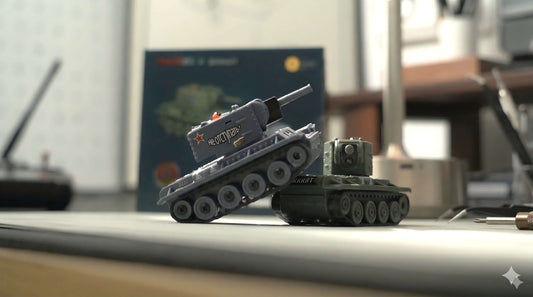 Two 1:64 mini RC tanks on a desk in a desktop battle setup – BRRRRT