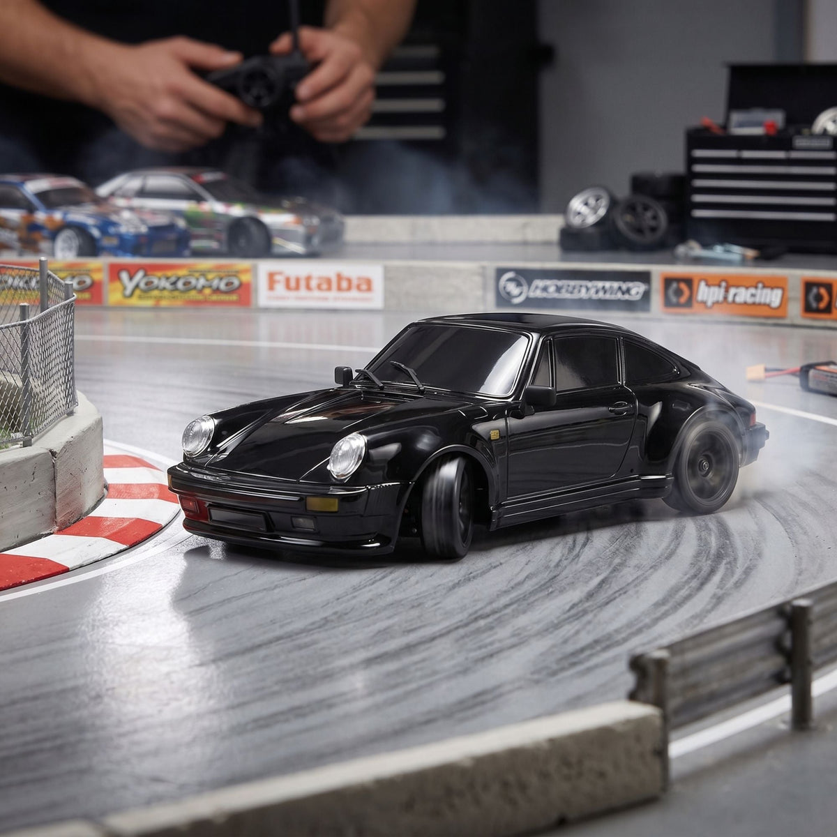 1/18 RWD RC Drift Car with Light Blue Racing Design on Indoor Drift Track - BRRRRT