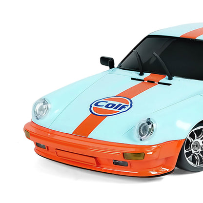 1/18 RWD RC Drift Car Front Close Up with Light Blue Racing Body and Orange Stripe - BRRRRT