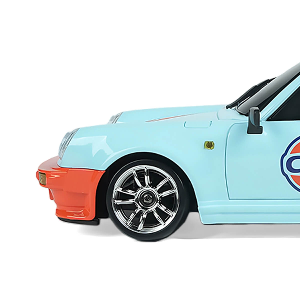 1/18 RWD RC Drift Car Front Detail View with Light Blue Body and Sport Wheel - BRRRRT