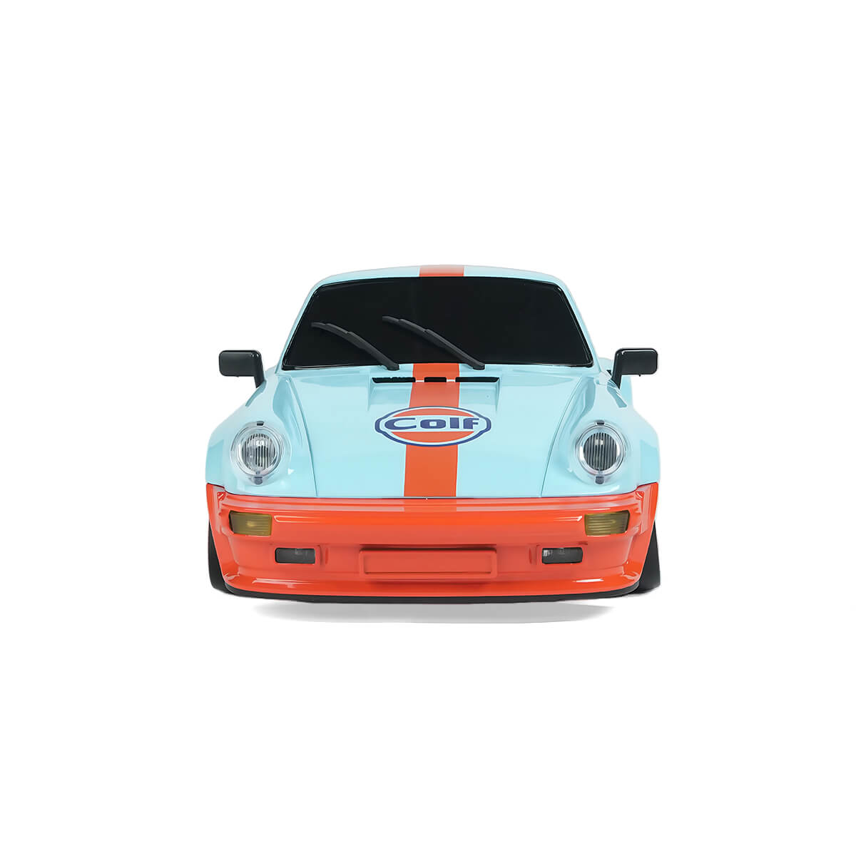 1/18 RWD RC Drift Car Front View with Light Blue Racing Body and Orange Stripe - BRRRRT