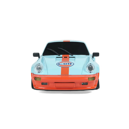 1/18 RWD RC Drift Car Front View with Light Blue Racing Body and Orange Stripe - BRRRRT