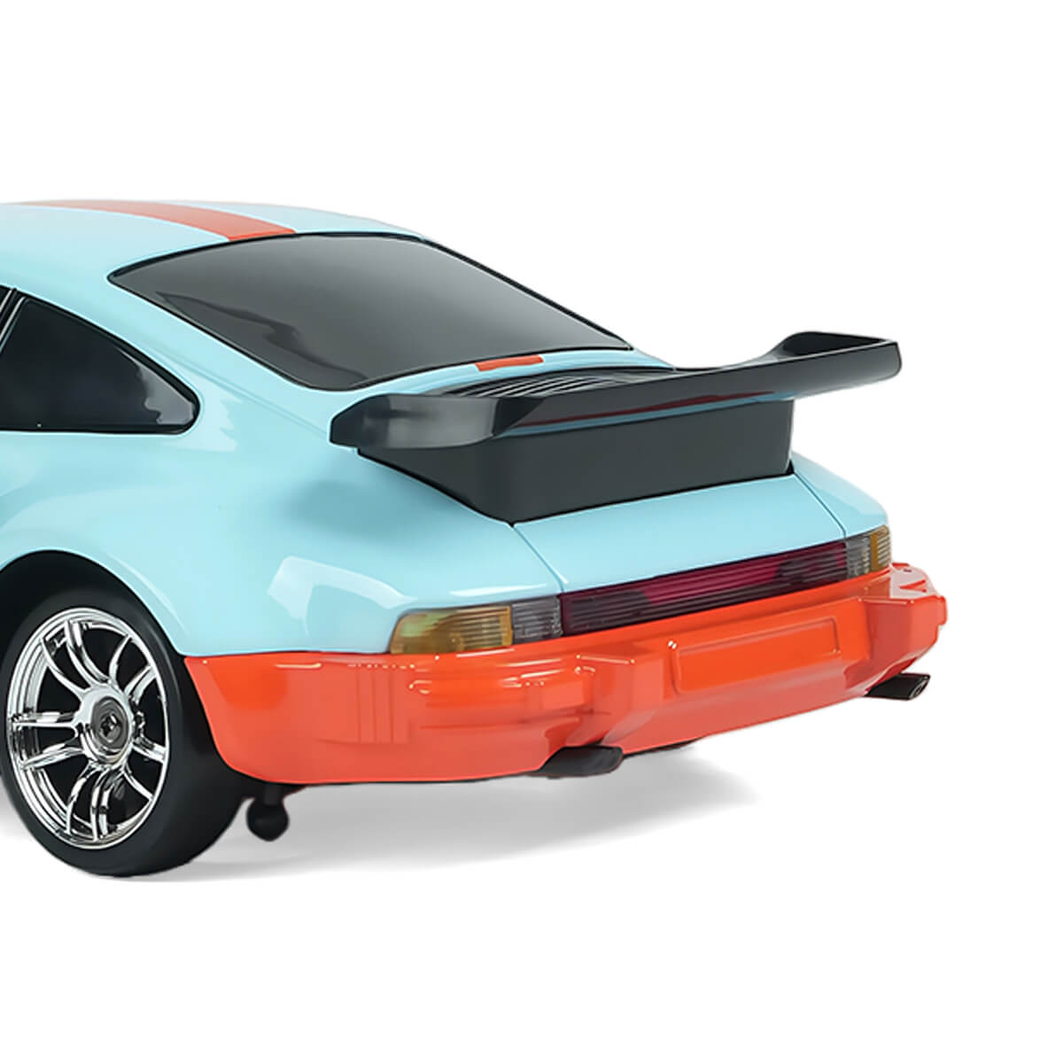 1/18 RWD RC Drift Car Rear Detail View with Light Blue Body and Rear Spoiler - BRRRRT