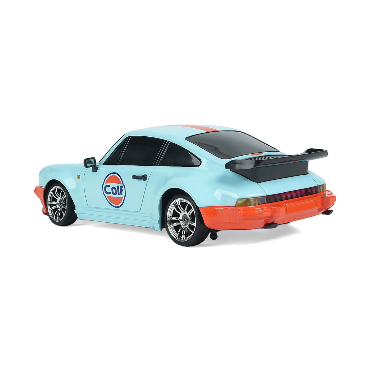 1/18 RWD RC Drift Car Rear View with Light Blue Racing Body and Rear Spoiler - BRRRRT