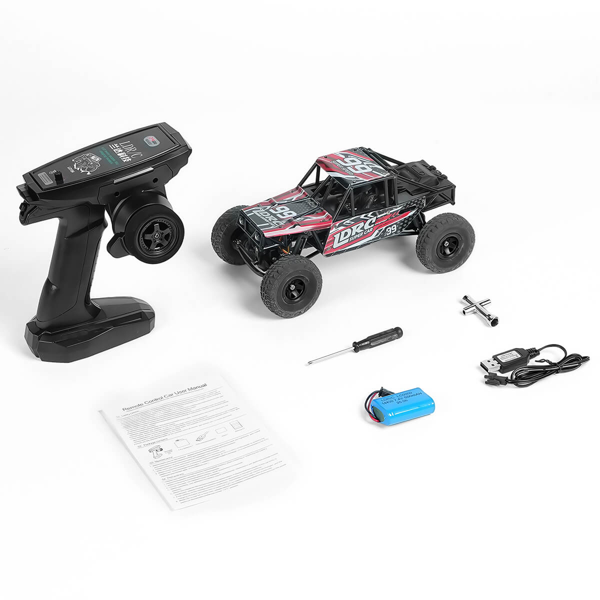 1/18 4WD RC crawler package contents including vehicle, remote, battery and USB charger