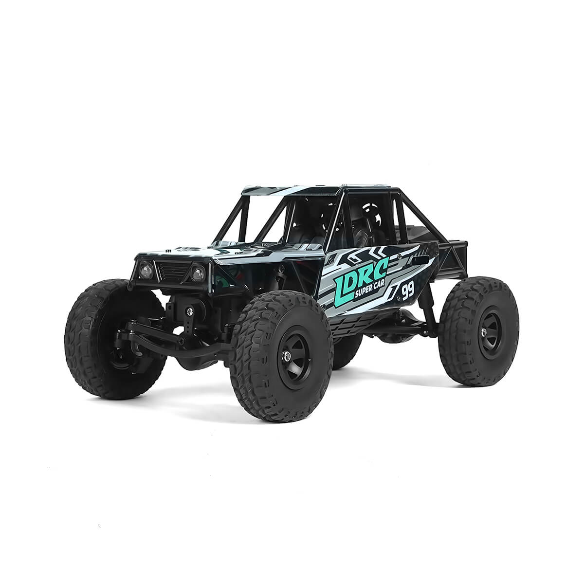 1/18 scale blue 4WD RC rock crawler front three-quarter view with LED lights
