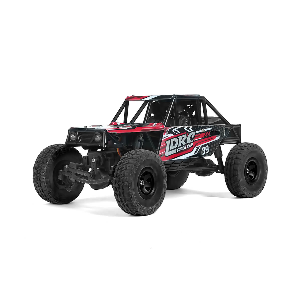 1/18 scale red 4WD RC rock crawler side view showing rubber tires and suspension