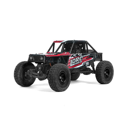 1/18 scale red 4WD RC rock crawler side view showing rubber tires and suspension