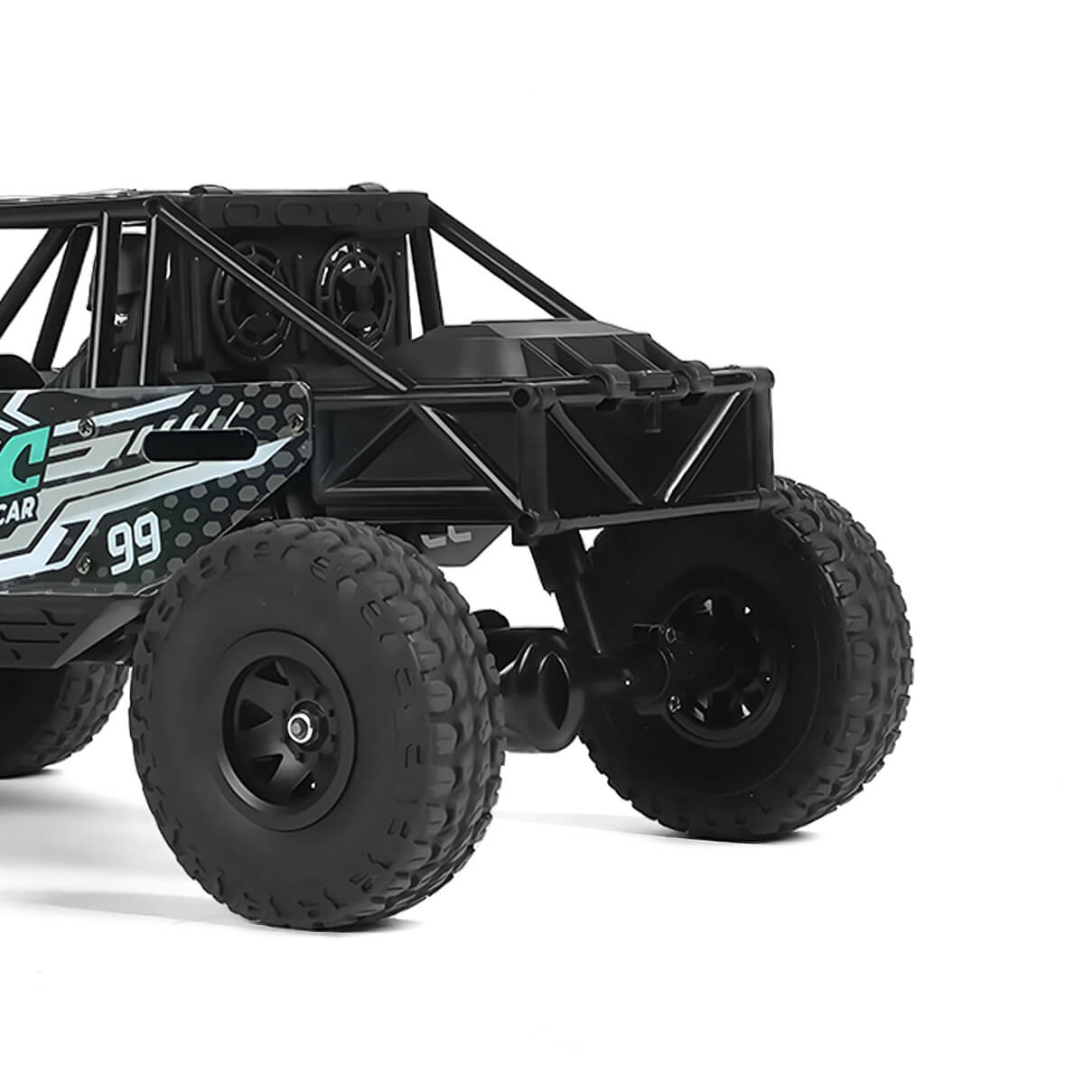 RC rock crawler displaying 4WD system and battery compartment