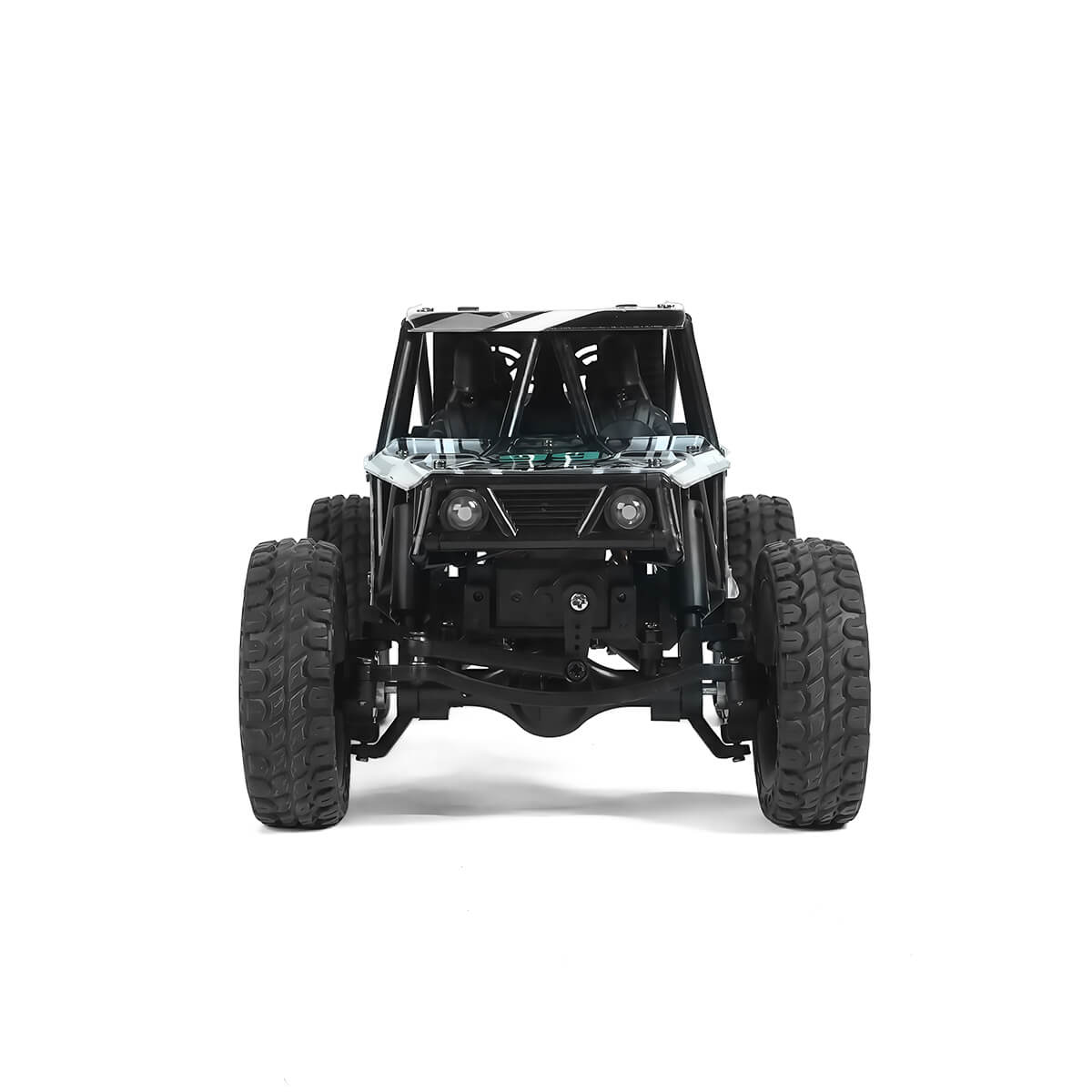 1/18 scale RC crawler showing body design and LED light configuration