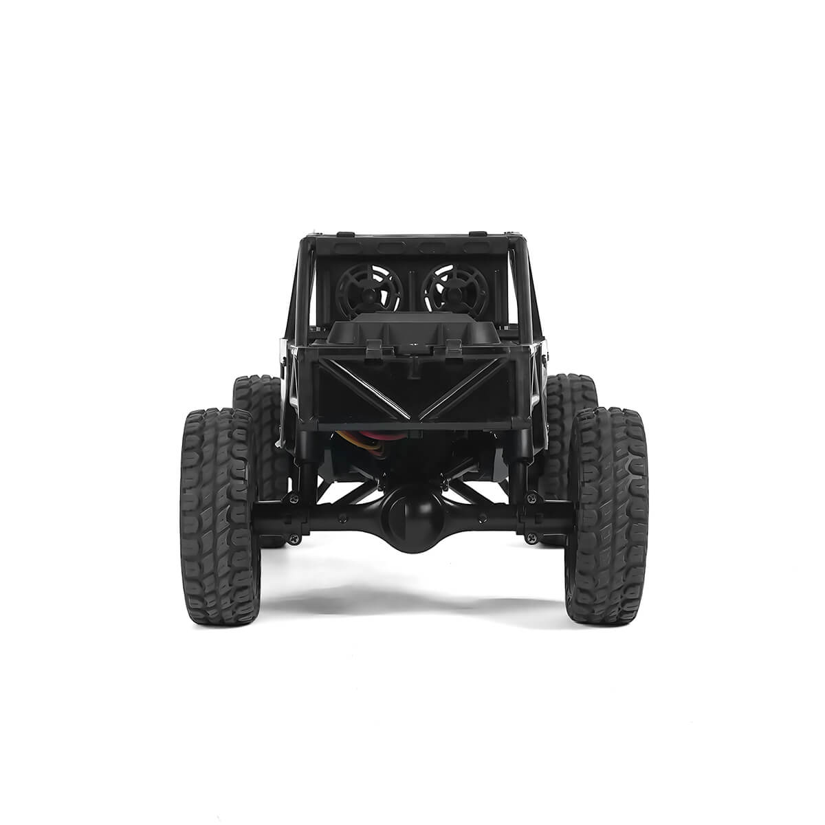 4WD RC rock crawler chassis detail showing 280 motor and drivetrain system