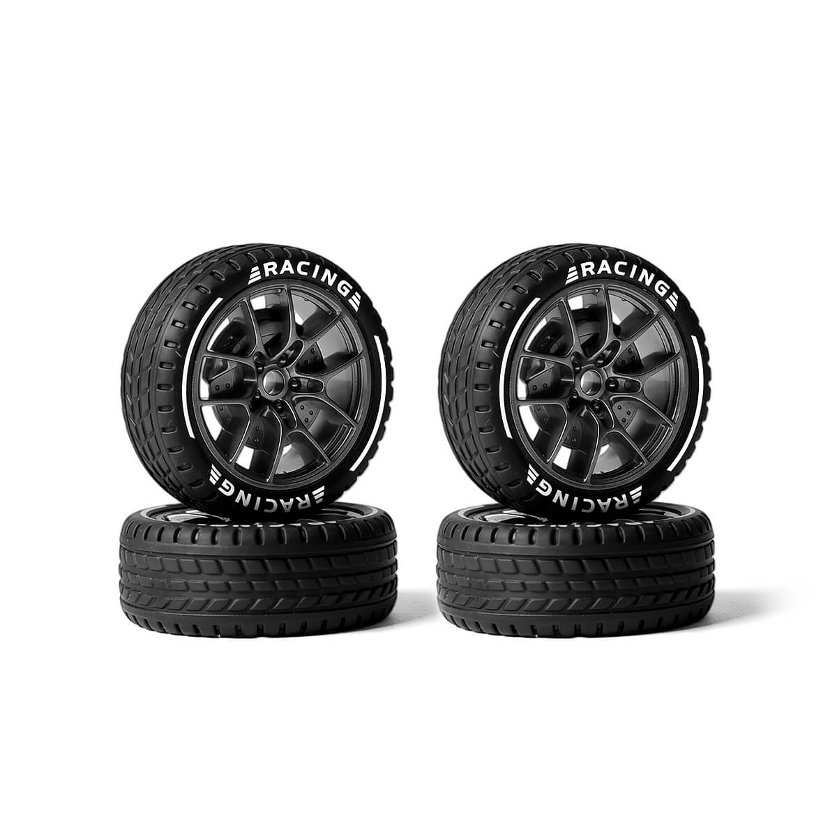 4er-Ersatzset mit geländetauglichen, profilierten Rädern und Reifen für 1/24-RC-Cars aus griffigem Gummi für Rennleistung