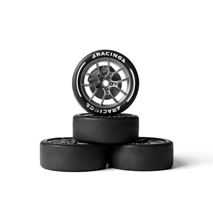 Set of 4 pre-mounted 1/24 RC car drift slick tires with hard plastic surface and silver rims for smooth drifting
