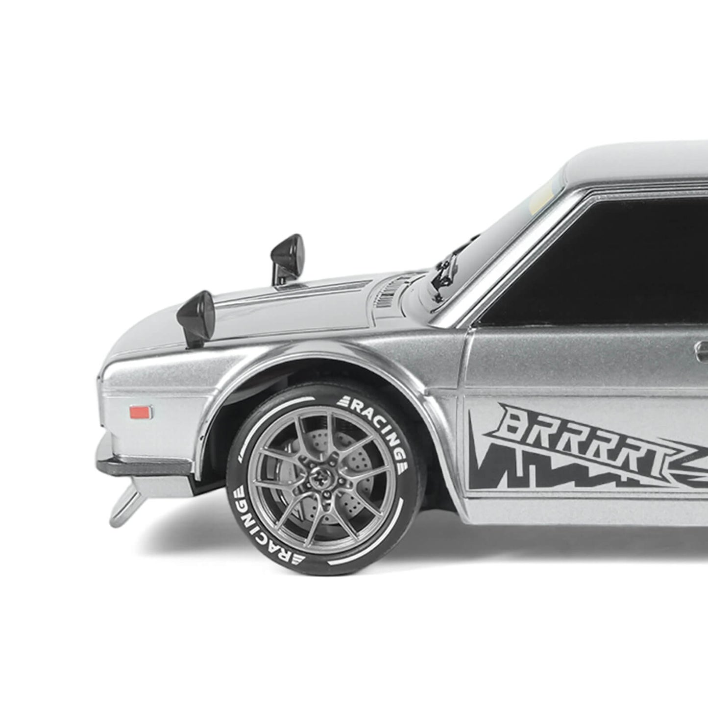 1/24 RC drift car 4WD in silver color close-up of front details showing headlights and body design – BRRRRT