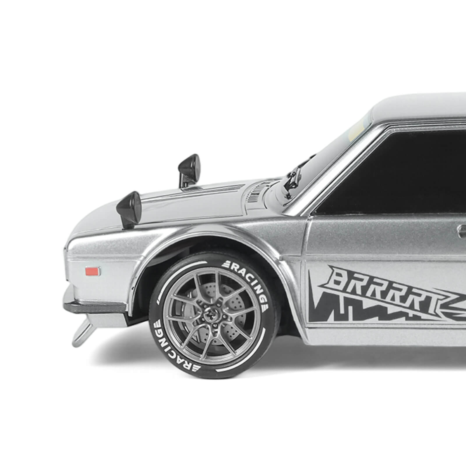 1/24 RC drift car 4WD in silver color close-up of front details showing headlights and body design – BRRRRT
