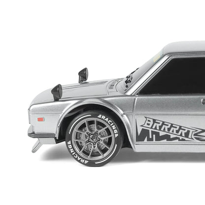 1/24 RC drift car 4WD in silver color close-up of front details showing headlights and body design – BRRRRT