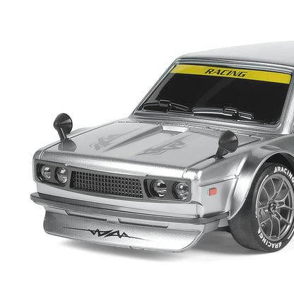 1/24 RC drift car 4WD in silver color close-up of front details showing headlights and body design – BRRRRT