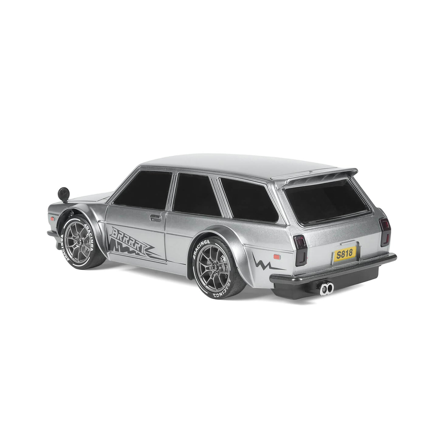 1/24 RC drift car 4WD in silver color rear angled side view showing body shape and stance – BRRRRT