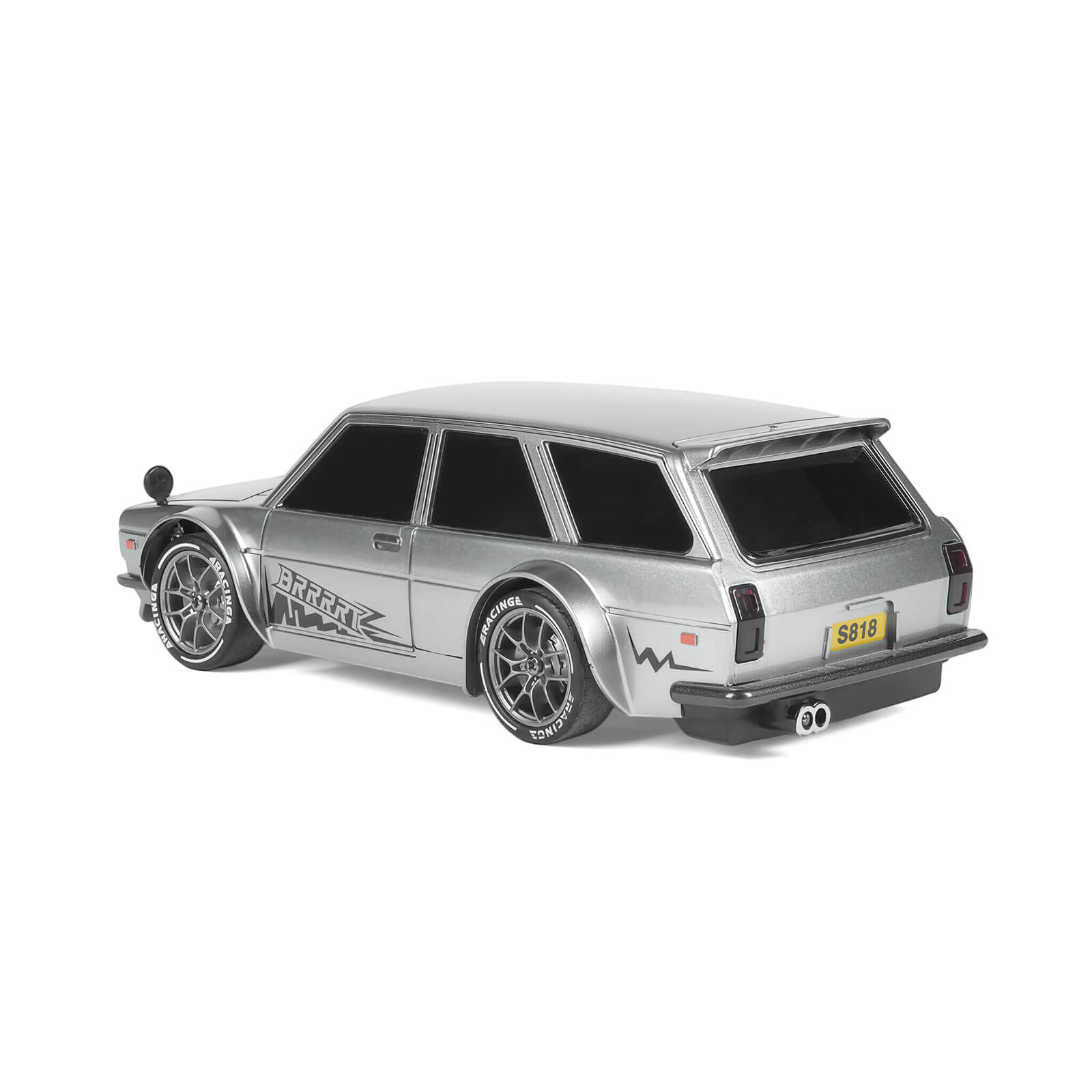 1/24 RC drift car 4WD in silver color rear angled side view showing body shape and stance – BRRRRT