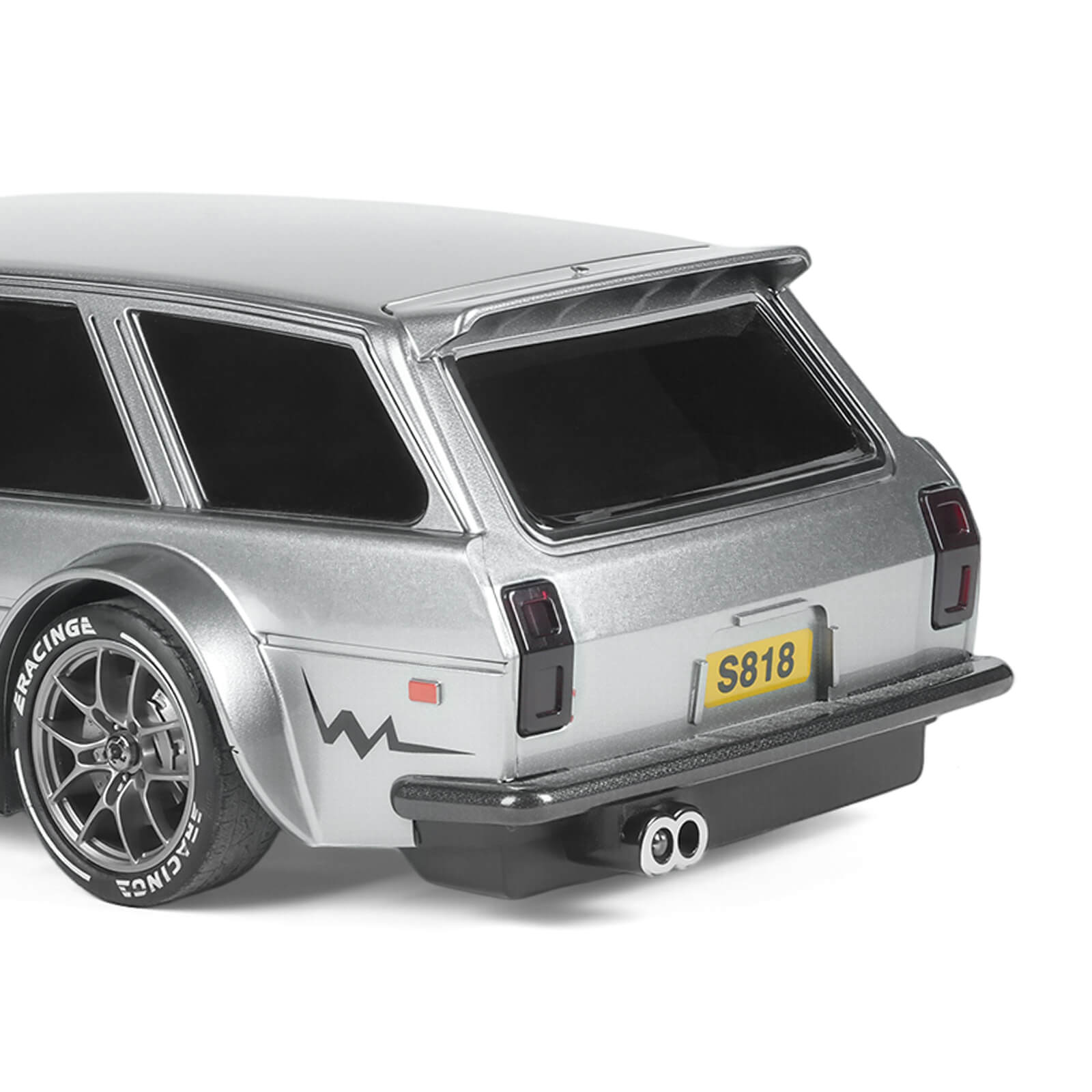 1/24 RC drift car 4WD in silver color rear detail close-up highlighting structure and finish – BRRRRT