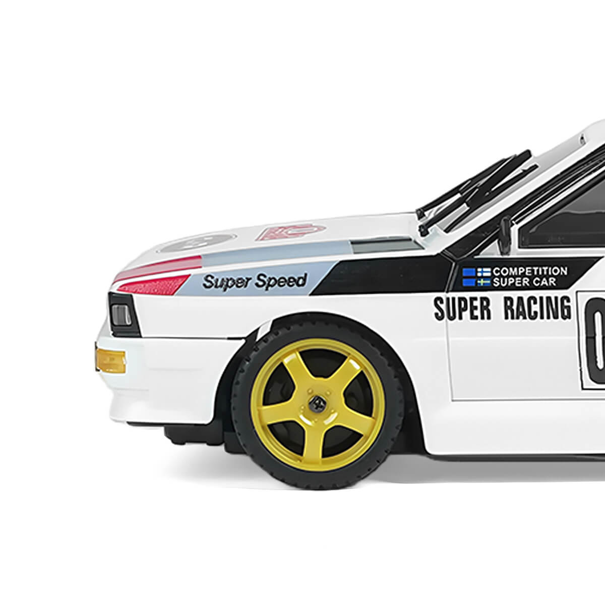 1/28 4WD Drift RC Car Pro Side Close-Up Showcasing Yellow Race Wheels -BRRRRT