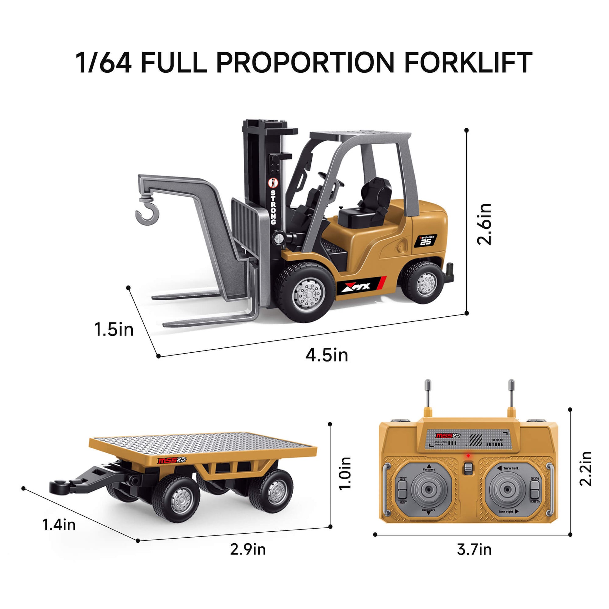 1/64 Mini Forklift Dimensions with Remote Control and Accessory Cart, Showing Forklift Size, Cart, and Controller Measurements - BRRRRT