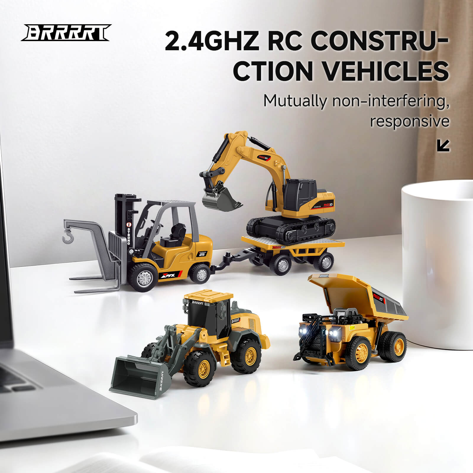 BRRRRT 1/64 RC Desktop Construction Vehicle Set featuring a Mini Excavator, Dump Truck,Forklift, and Bulldozer for office stress relief and tabletop play.