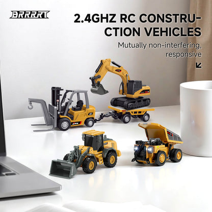 BRRRRT 1/64 RC Desktop Construction Vehicle Set featuring a Mini Excavator, Dump Truck,Forklift, and Bulldozer for office stress relief and tabletop play.