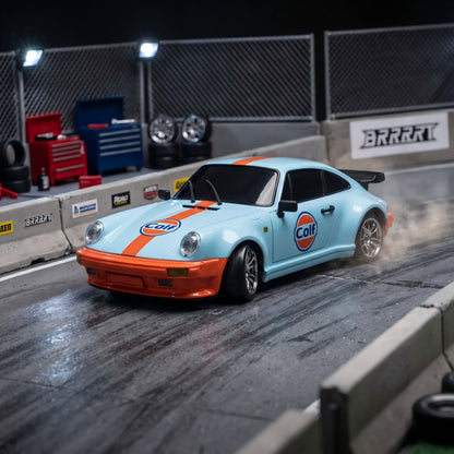 1/18 RWD RC Drift Car with Light Blue Racing Design on Indoor Drift Track - BRRRRT