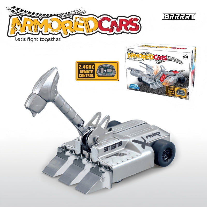 Toy armored car with remote control feature, brand 'Armored Cars' visible