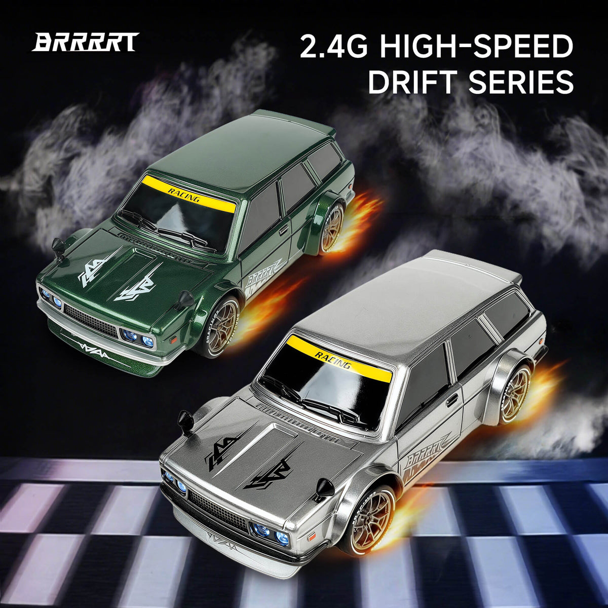 1/24 Scale 4WD RC Drift Car 2.4G High-Speed Series, Green and Silver - Ultimate Drift -BRRRRT