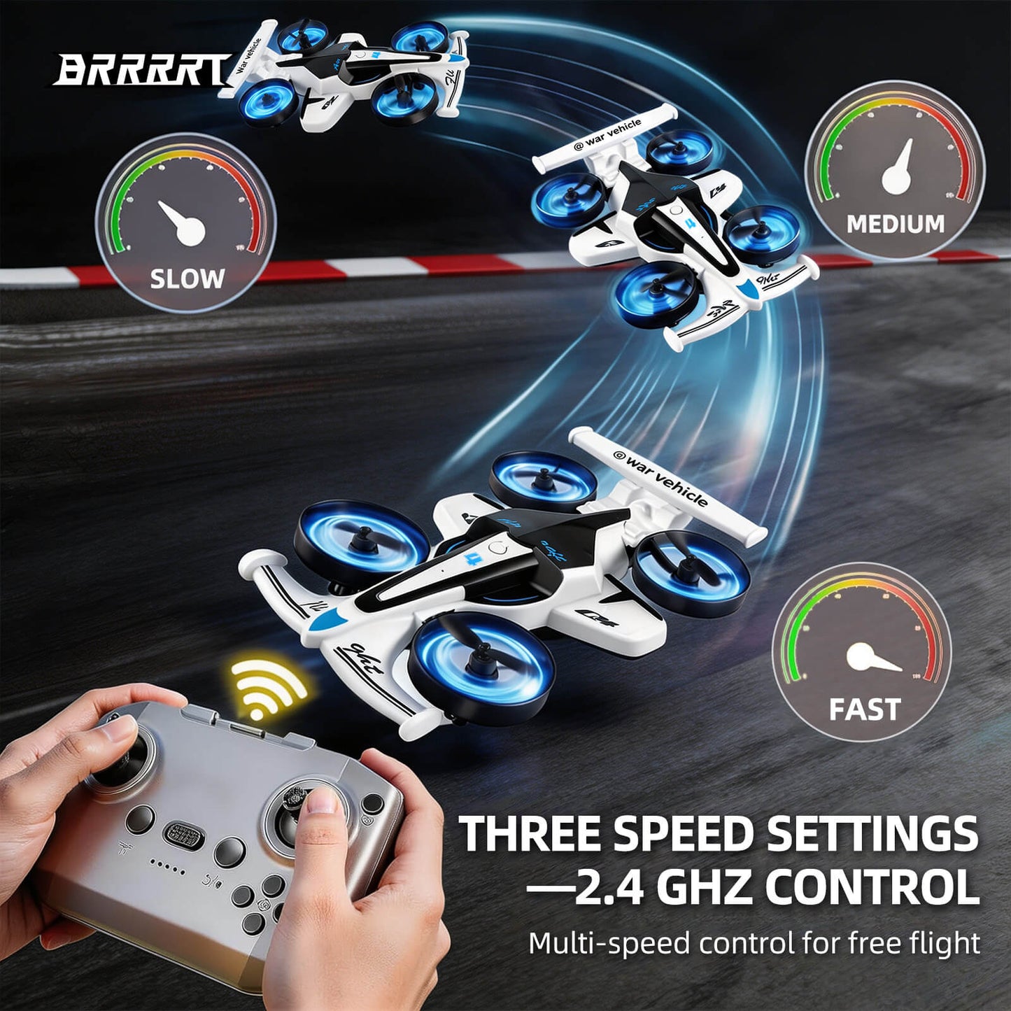 2-in-1 RC airplane with three speed settings and 2.4GHz control, white flying and drifting remote control plane with blue LED propellers -BRRRRT