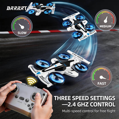 2-in-1 RC airplane with three speed settings and 2.4GHz control, white flying and drifting remote control plane with blue LED propellers -BRRRRT