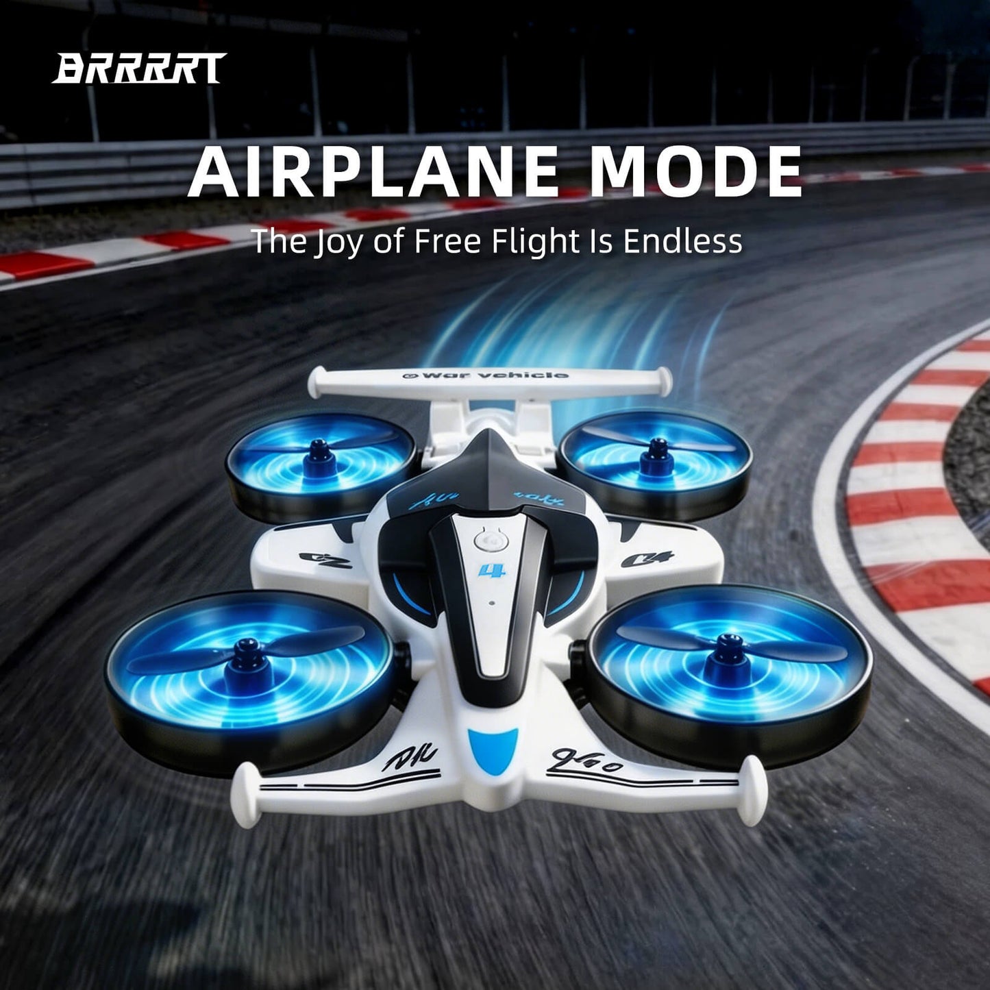 2-in-1 RC airplane with airplane flight mode and blue LED propellers, white remote control flying toy plane on racing track background -BRRRRT