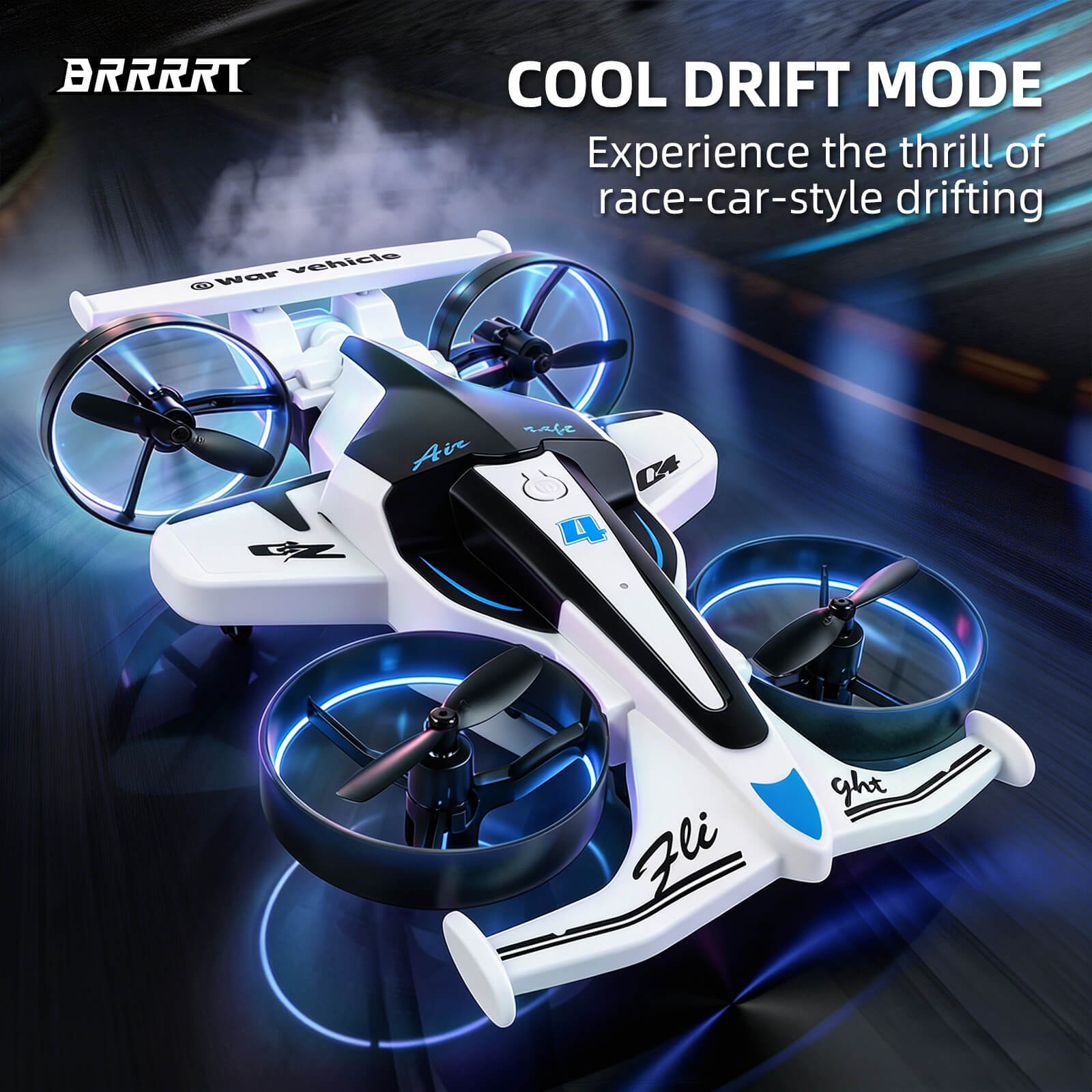White 2-in-1 RC airplane with blue LED propellers, flying and drifting remote control toy plane with stunt features -BRRRRT
