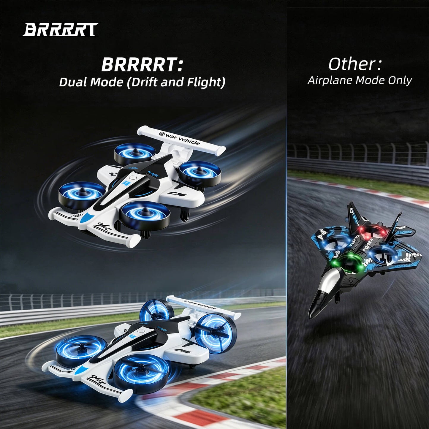 2-in-1 RC airplane with dual drift and flight modes, white remote control plane with blue LED propellers comparison graphic -BRRRRT