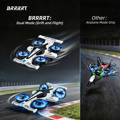 2-in-1 RC airplane with dual drift and flight modes, white remote control plane with blue LED propellers comparison graphic -BRRRRT