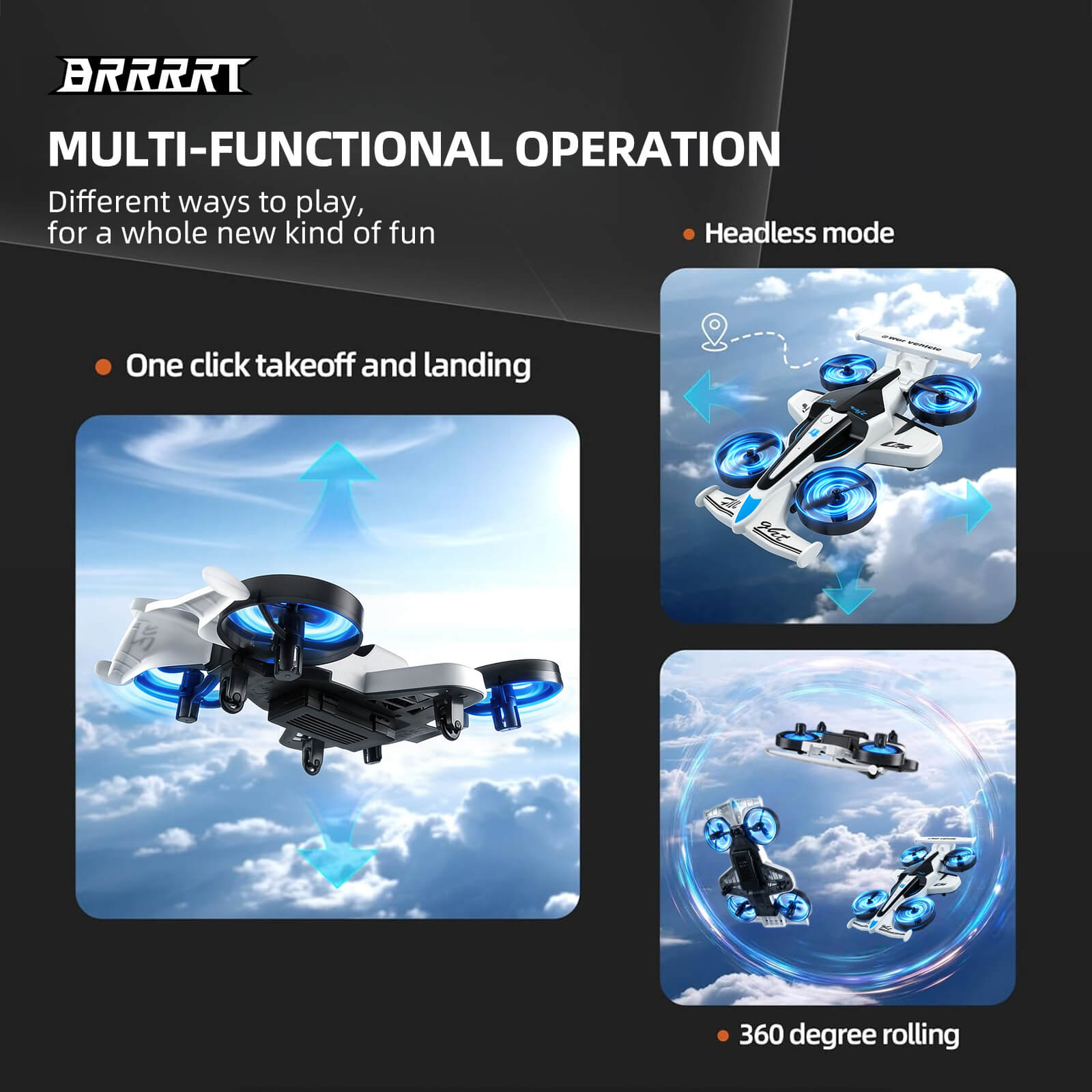 2-in-1 RC airplane with one-click takeoff, headless mode and 360° rolling, white remote control flying plane with multi-function operation -BRRRRT