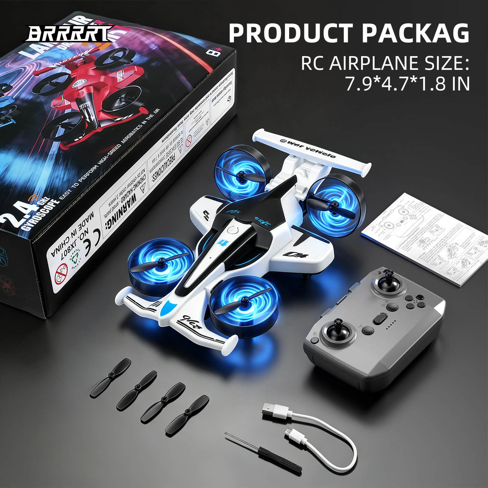2-in-1 RC airplane with blue LED propellers, remote control flying and drifting toy plane with accessories and package box - BRRRRT
