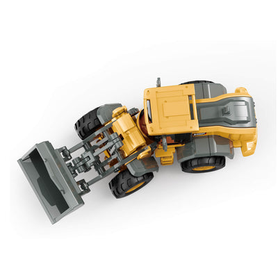 Top-Down-Ansicht, die den gelenkigen Lenmechanismus des BRRRRT RC Mini-Bulldozers zeigt